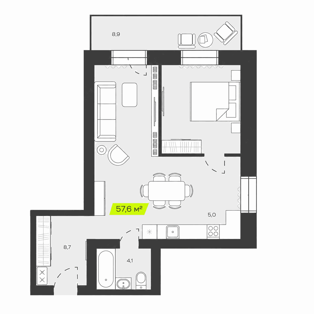 Двухкомнатная квартира  57,6 м²