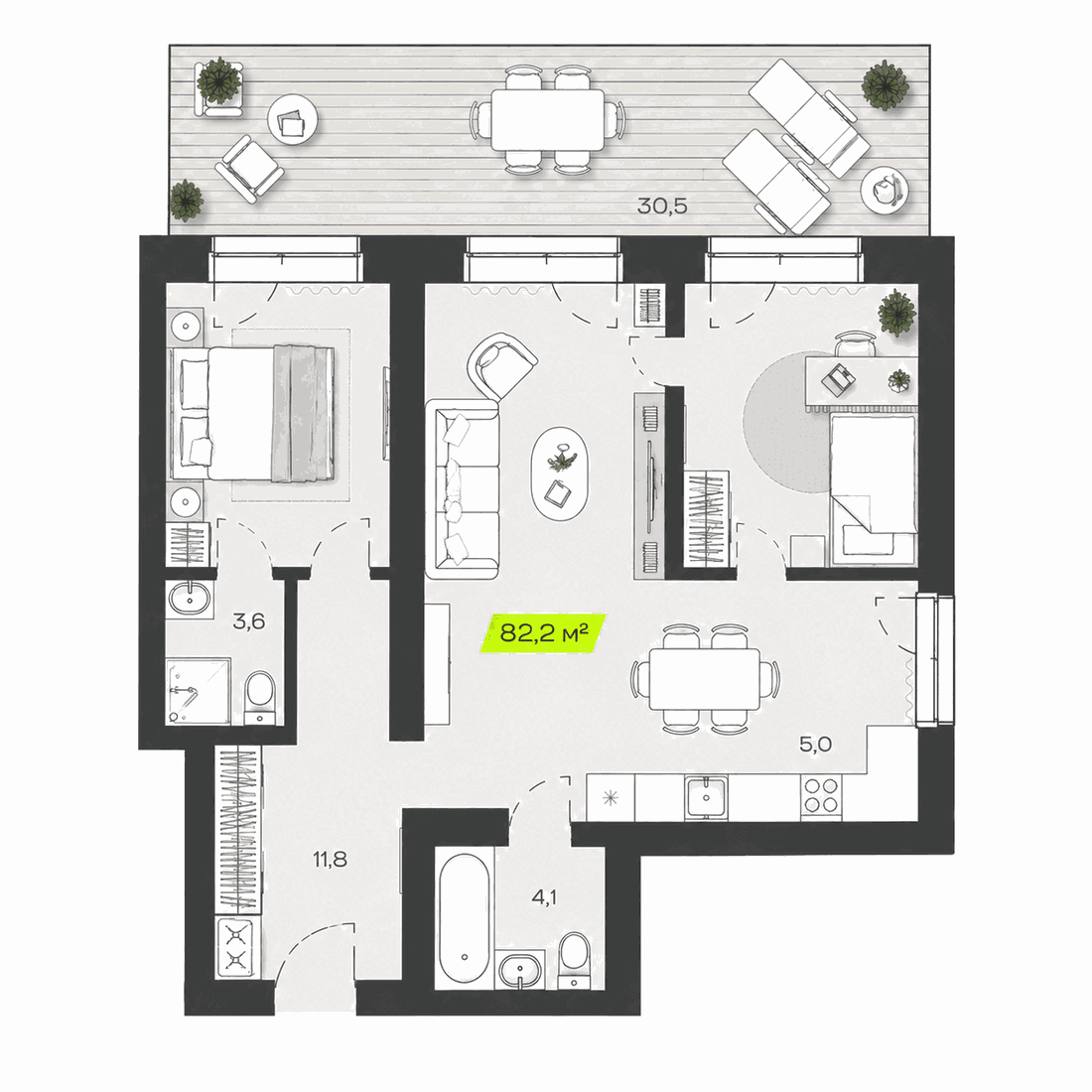 Планировка 3-комнатная квартиры 82,2 м²